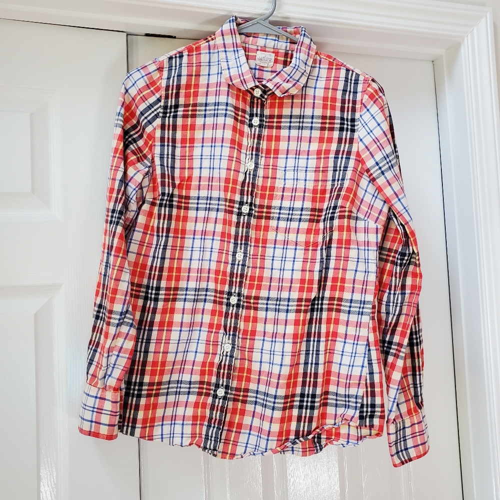 J. Crew Navy, Red, Cream Plaid Shirt SMALL
